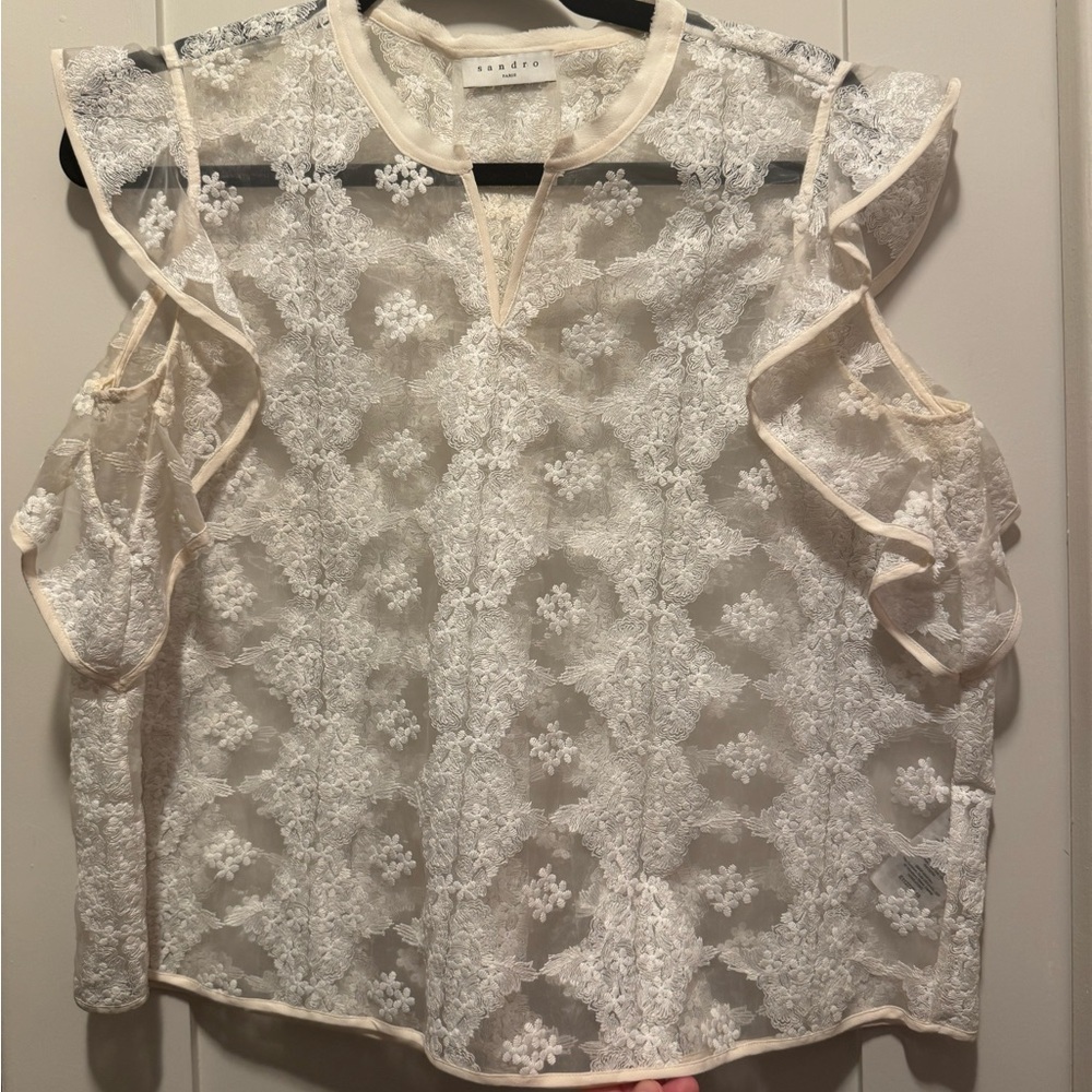 Sandro Lace Ruffle Sleeve Top - Cream